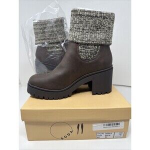 Soda Rhoda Ankle Boots Brown Faux Leather Knit Upper Pull-on Sz 11 Chunky Heel